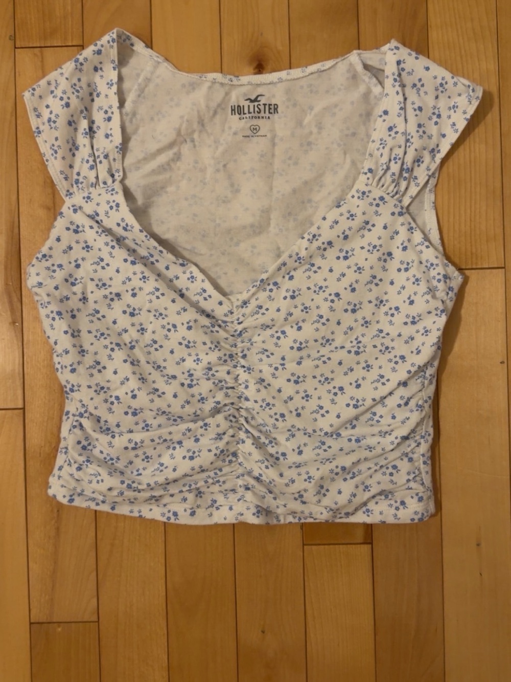 Hollister White Crop Top with Blue Floral Print and Ruched Front